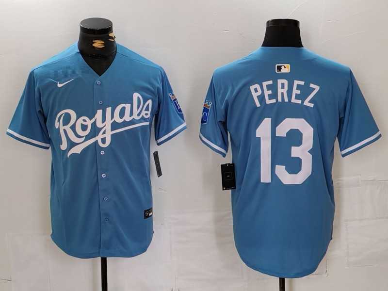 Men%27s Kansas City Royals #13 Salvador Perez Light Blue Cool Base Stitched Jersey